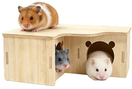 Dengthrive Hamster Multi Chamber Hide: Wooden Hamster House Moisture-Proof, Bite-Resistant, Safe and Odorless with Lid for Hamsters Small Pets (22.5x17.5x8CM)