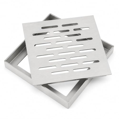 Rostfritt stål golvbrunn, duschavlopp kvadratisk med ram, halkfritt avrinningslock för badrum, dräneringsgaller terrass trädgård utomhus, anti-blockering (250 x 250 x 20 mm)