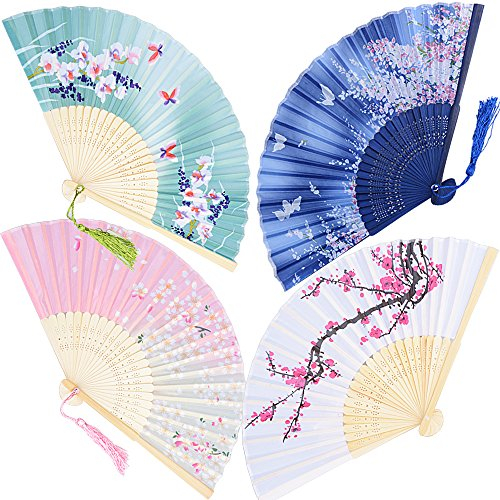 Lot de 4 Éventails Pliants avec Frange en Soie et Bambou Style Japonais avec Motif Ppaillons Sakura Fleur Main Fan pour Decoration Mariage Fête Cadeau (env. 38 x 21cm)