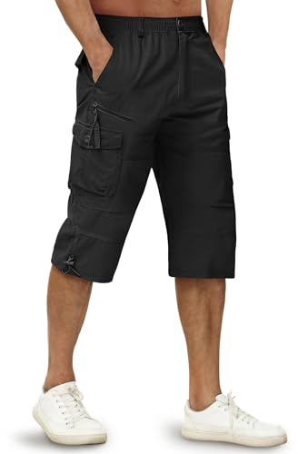 TACVASEN Pantalones Cortos de Carga para Hombre Algodón Negro Pantalones Cortos Cargo Militares Tácticos Pantalones Cortos Cotton Outdoor 3/4 Pantalones Cortos Largo Capri Shorts Negro