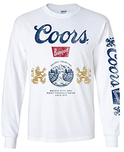 Coors Banquet Beer Sleeve Print Waterfall Crest Long Sleeve Shirt Medium White