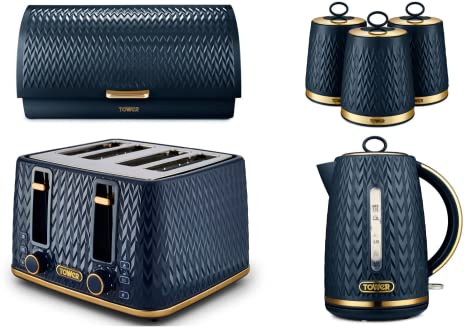 TOWER Empire Midnight Blue 3KW 1.7L Jug Kettle, 4 Slice Toaster, Roll Top Bread Bin and Set of 3 Tea, Coffee & Sugar Canisters. Stylish Art Deco Design Kitchen Set of 6 Items in Blue