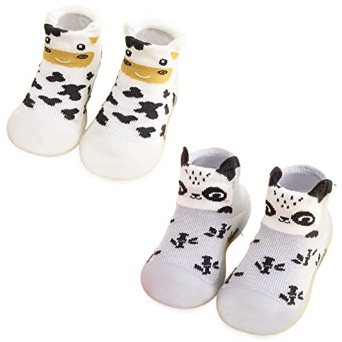 FedMois Pack de 2 Calcetines con Suela de Goma para Bebés Zapatillas Antideslizantes de Primeros Pasos, vaca y panda, 6 meses