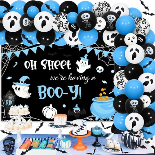 JOYMEMO Halloween Baby Shower Decorations Blue - Oh Sheet We're Having a Boo-y Backdrop, Halloween Balloon Garland Arch Kit with 3D Bat Stickers for Pregnancy Celebration Gender Reveal Party Supplies