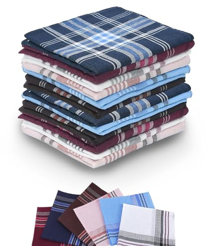 12 Pack Men's Handkerchiefs, Diverse Color Stripe Checkered Pattern Pocket Square Handkerchief, Cotton Men's Handkerchiefs, Soft Gents Hankies Set for Grooms, Weddings, Prom, Celebration, Party