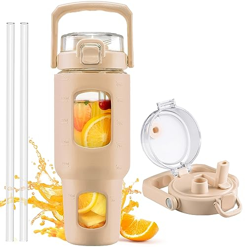 HYDRAGLAZIC 1200ml Glasflasche mit Strohhalm