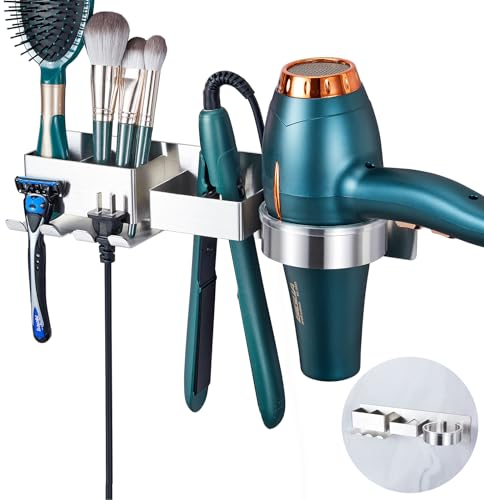 YYBO Föhnhalter Wand Ohne Bohren, Fönhalter Wandhalterung, Föhn Halterung für Föhn und Glätteisen Halterung, Fönhalterung mit Fächern & Kabel Aufbewahrung, Haartrocknerhalter für Bad (Silber)