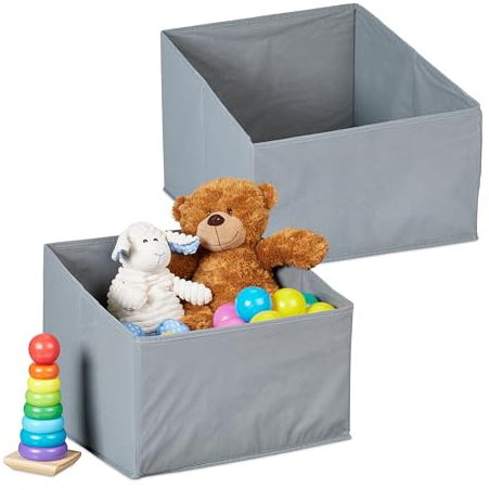 Relaxdays Scatola da Scaffale Libreria, 2 Box Pieghevoli HLP: 22-30x37x34 cm, Ceste Porta Giochi Aperte, Tessuto, Grigio, Cotone
