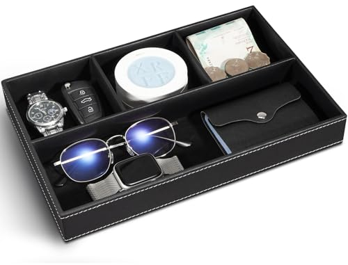 Yocisun Vassoio di Stoccaggio, Svuotatasche in Pelle Organizer per Scrivania da Ufficio, Organizzatore del Comodino Portaoggetti Vassoio Organizer per monete,Occhiali,gioielli, chiavi, orologio(Nero)