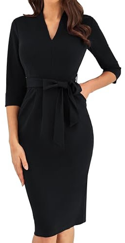GRACE KARIN Midi Dresses for Women 3/4 Sleeve V Neck Belted Bodycon Dress High Waist Elegant Sheath Dress with Belt Vintage Evening Dress XL Black Size 20