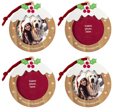 Shot2go Confezione da 4 palline di Natale in legno a forma di pudding – ognuna contiene una foto da 72 mm