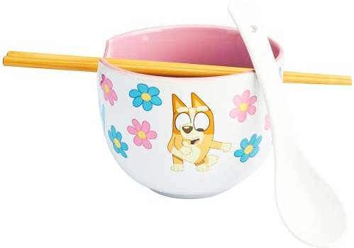 Get Trend Bluey keramisk ramen-skål 3 st set med bambuätpinnar, sked för barn tonåringar vuxna, 567 g nudelskål, mikrovågsugnssäker, gåvor för barn (flerblå)