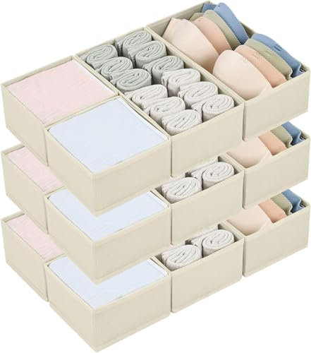 DIMJ Organizer Cassetti, Organizzatore Cassetti, in Tessuto, Divisori per Cassetti, Organizer per Armadio per Neonati, per, Biancheria Intima, Calze, 12 Pezzi (Classico Beige)