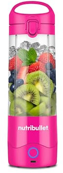 Nutribullet Portable NBP003BP, Frullatore Portatile con Tazza Isolante da 475ml, Lama 4 Punte, Tazza in Tritan, 15 Cicli di Autonomia, Inclusi Coperchio e Cannuccia, Ricarica USB-C, Rosa