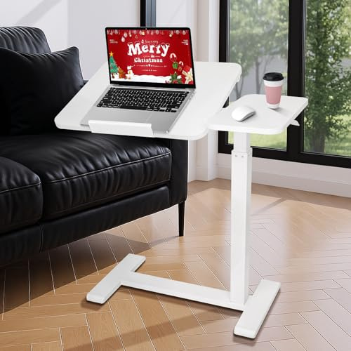 Faazy Table de lit pneumatique réglable avec roulettes, dessus divisé, table de chevet inclinable avec plateau à roulettes, pour ordinateur portable, hauteur 66-106 cm
