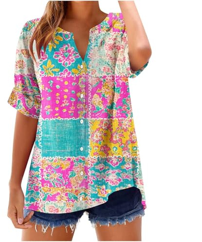 Linen Shirts for Womens Fashion V-Neck Button Tie Dye Blouses Short Sleeves Loose Boho Vintage Floral Printed Tunic Top D Pink X-Large