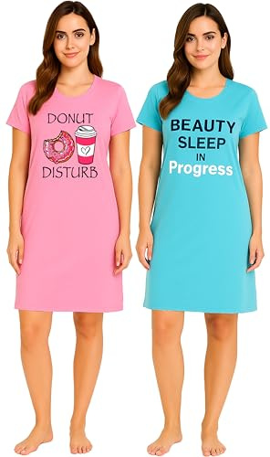 iceBoo Women's (Pack of 2) Nightshirts 100% Cotton Jersey Pink Donut Disturb and Aqua Beauty Sleep Motif Short Sleeve Nightdress, XJ43 - UK Adult Size 12/14