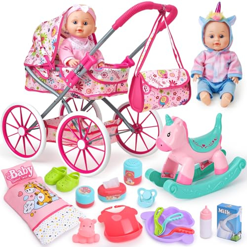 vamei Kit Accessoire Bebe pour Poupon, Accessoires Poupon avec Poupee & Poussette de Poupee & Cheval à Bascule & Sac & Vêtements, Jouet Jeu de Rôle Anniversaire Cadeau Fille Enfant 2 3 4 5 6 Ans