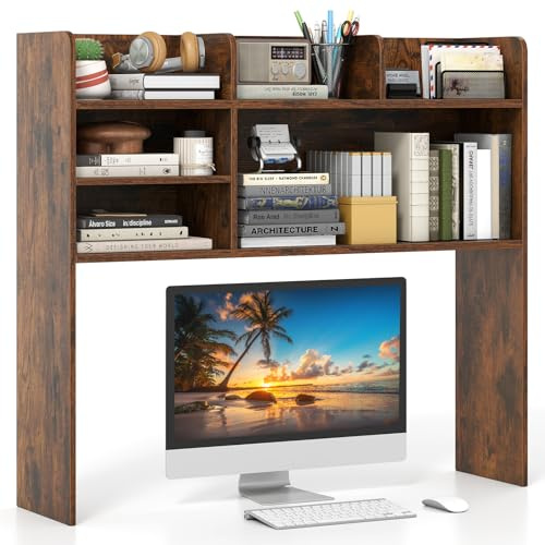 SFAREST Desktop Bookshelf Organiser, Multipurpose Wooden Countertop Bookcase with Storage Cubbies, Freestanding Display Hutch Shelves for Bedroom Home Office(Rustic Brown,94 x 24 x 85cm)