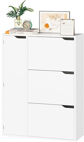 IRONCK Shoe Storage Cabinet Cupboard, 3 Flip Drawers, Shoe Rack Cabinet Hallway with Boot Cabinet, Free Standing Wooden Shoe Storage Organiser Unit, Entryway Living Room Furniture, 77x30x112cm (White)