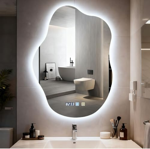 Worshow Miroir de Salle de Bain avec Éclairage 70 x 50 cm, Miroir LED en Forme de Nuage avec Anti-Buée, Dimmable, 3 Températures de Couleur, Réglage de L'heure, Fonction Mémoire, Capteur Tactile
