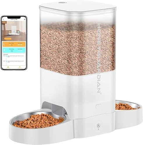 Honeyguaridan Comedero Gato Automatico, 5L Dispensador Comida para Perro/Gato con Dos Cuencos, 5G/2.4G WiFi con Control de App, Temporizador y Grabador de Voz 10s, hasta 24 raciones 6 Comidas al día