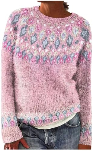 Pull Femme Hiver Chic Pull Norvégien Vintage Jacquard Tricoté Chaud Pullover Col Rond Laine Mohair Sweater Grande Taille Tunique Manches Longues Automne Haut Élégant Décontracté Mode Doux Noël Top