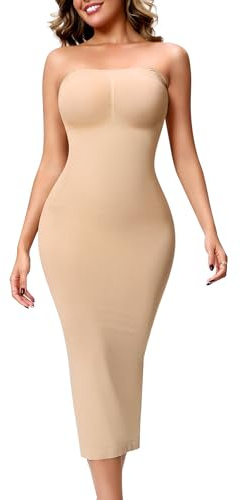 HEPOE Strapless Shapewear Slip for Women Under Dress, Tummy Control Long Slip Dress, Seamless Back Slit Body Shaper (US, Alpha, Medium, Regular, Regular, Nude)