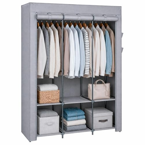 Harbour Housewares Portable Fabric Wardrobe - Grey -130x45x167cm Clothes Storage Closet with Hanging Rails, Shelves & Side Pockets, Zipped Cover, Lightweight Freestanding Clothing Organiser