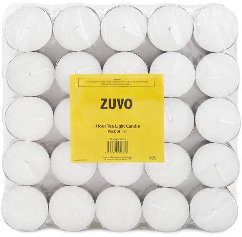 Zuvo 4-Hour Unscented Tea Light Candles (100-Pack) - Long-Lasting with Cotton Wicks, Clean Burning, 3.8 × 1.3 cm, White