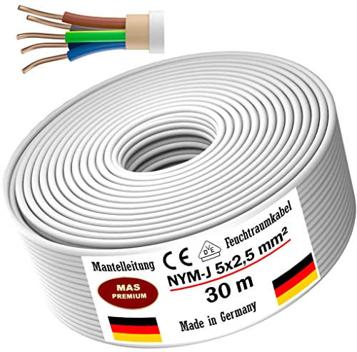 MAS Premium Câble d'alimentation NYM-J pour pièces humides - 5 à 170 m - Câble électrique gainé NYM-J 5 x 1,5, 2,5, 4, 6, 10 ou 16 - Avec anneau pour pose fixe (NYM-J 5 x 2,5 mm², 30 m)