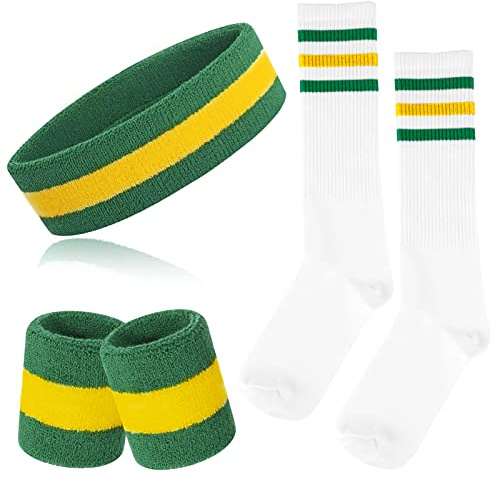 ONUPGO 5-teiliges gestreiftes Schweißband und Socken-Set, gestreiftes Stirnband, Schweißbänder, gestreifte hohe Socken für Männer, Frauen, Sport und 80er-Party (Green/Yellow/Green)