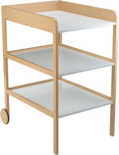Geuther Wickelregal Clarissa XL | Wickeltisch aus massivem Buchenholz | Platzsparende Baby Wickelkommode mit Rollen & geräumigen Ablageflächen | Für Wickelunterlage bis 72x56 cm | Weiß-Natur