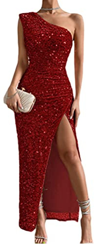 Onsoyours Vestito Donna Paillettes Brillante Maxi Splendente Abito da Cerimonia Cocktail Elegante Sexy Fuori Spalla Aderente Casual Vestiti da Party Discoteca Feste A Vino Rosso XS