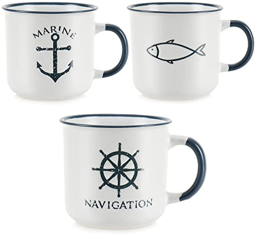com-four® 4x XL Kaffeebecher aus Keramik - 450 ml Trinkbecher - Maritime Kaffeetassen für zu Hause und Büro - Kaffeepott für Kalt- und Heißgetränke (4 Stück - weiß/blau)