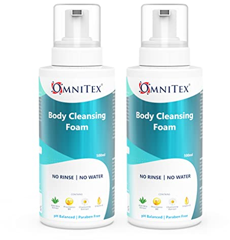 2pk - Omnitex Rinse Free Body Cleansing Foam 500ml | With Herbal Oils & Vitamins | No Water - No Rinse Body Wash | Clean, Nourish, Protect | No Parabens, Latex & Alcohol Free | Dermatologically Tested