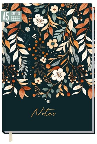 Notizbuch A5 kariert Pretty Flowers von Trendstuff by Häfft - 124 Seiten, 62 Blatt - ideal als Tagebuch, Journal, Ideenbuch, Schreibheft - nachhaltig & klimafreundlich