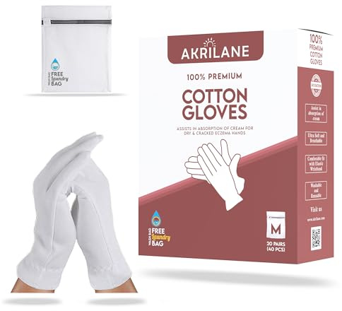 M - 20 pares de guantes de algodón 100% de alta calidad para manos secas, guantes hidratantes durante la noche para eccema, psoriasis y tratamiento de spa para mujeres y hombres, lavables y