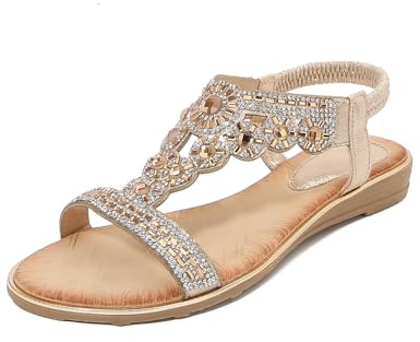 WOFANLULY Sandals for Women Flat Sparkly Rhinestone Ladies Gladiator Sandals T-Strap Womens Sandals for Summer Beach Holiday Outdoor (Gold, Size 4)