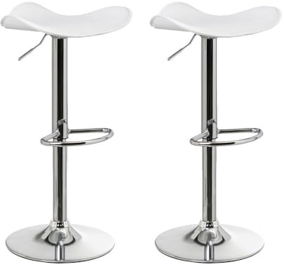 2 taburetes de cocina regulables en altura blancos redondos sin respaldo | Asiento redondo tapizado en polipiel. Sin respaldo. Pie giratorio gris. Altura ajustable de 63 a 83 cm. Resiste hasta 120 kg.