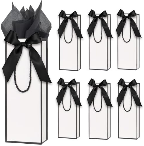 6 Pack Wine Gift Bags with Tissue Paper Wine Bottle Paper Bags with Bow Ribbon for Wedding Birthday Christmas Retirement Party Supplies (Black and White)
