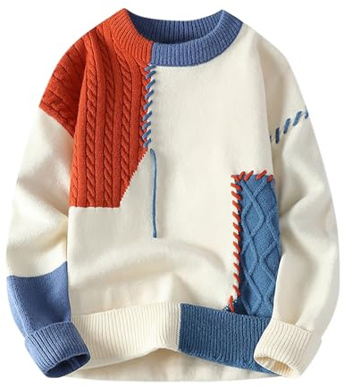 Mymyguoe, maglione lavorato a maglia da uomo, oversized, invernale, patchwork, a maniche lunghe, con collo rotondo, pullover termico, maglione da lavoro, maglione invernale, Colore: arancione., M