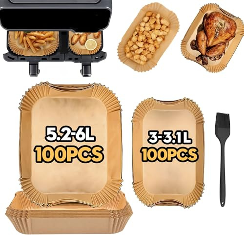 Ninipie 200 Stycken Bakpapper för Philips NA350/00, Bakplåtspapper för Varmluftsfritös Philips 3000 Serien 9L, Airfryer Bakpapper Lämpligt För Tefal Dual Easy Fry 5.2L/3.1L, Cecotec 5.5L/3.5L