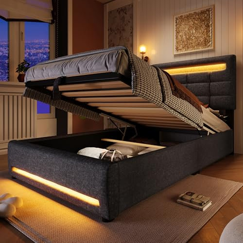 Kehun Polsterbett Einzelbett 90x200 cm mit USB und LED-Kopfteil, Kinderbett Stauraumbett mit Stauraum und Lattenrost aus Holz, Bett mit Hydraulisches Metallrahmen, Leinen, Grau, Ohne Matratze