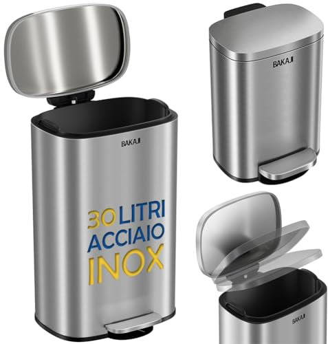 BAKAJI Pattumiera con Pedale in Acciaio Inossidabile e Coperchio con Secchio Interno Rimovibile, Chiusura Silenziosa Morbida Ammortizzata, Bidone Spazzatura Ideale per Cucina e Bagno (30 LITRI)