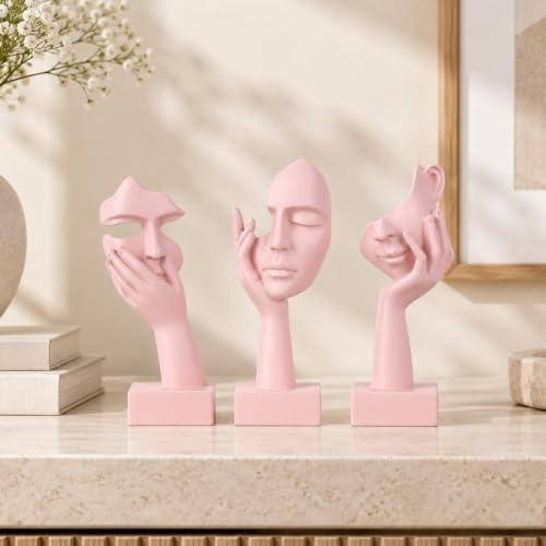 oliruim Thinker staty-set – abstrakta konstfigurer för heminredning kvinnor ansikte för lägenhet bokhylla flytande hylla soffbord kontor skrivbord badrum bänk 3-pack