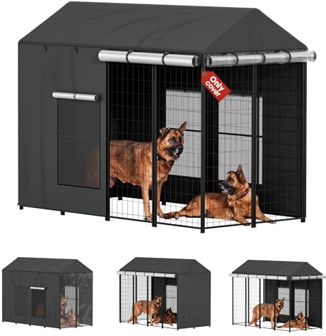LitaiL Outdoor Dog Kennel Cover for Dog Cages 8'D x 4'W x 6'H Full Coverage, 1200D Heavy Duty Silver-Coated Interior Waterproof Enclosure Covers with Mesh Windows, (Cover Only)