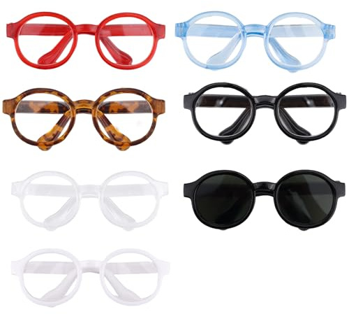 7uds Gafas de Plástico para Muñecas, Adorables Gafas de Vestir Minigafas Juguete Accesorios para Figuras Colección Exhibición y Decoración (7 Colores)