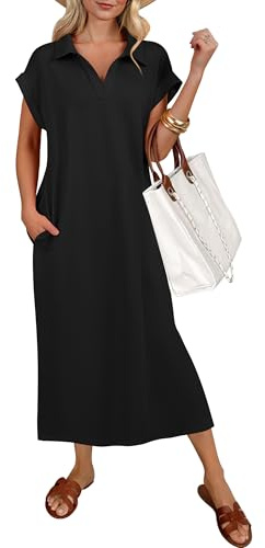 ANRABESS Womens Summer Casual Midi Dresses Short Sleeve Polo V Neck Loose Split Wrinkle-Free Beach Vacation Tshirt Maxi Dress Black Medium