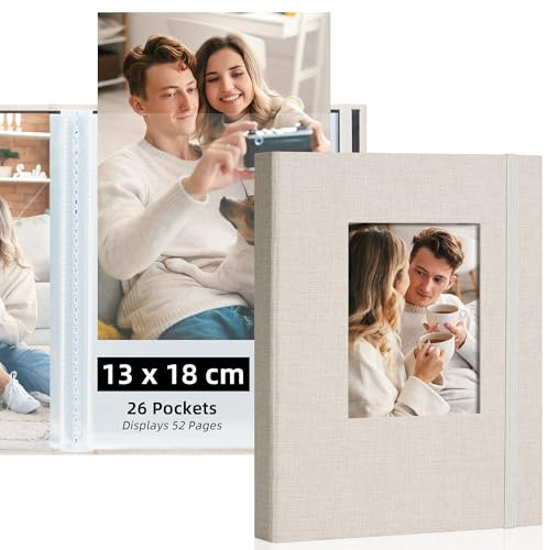 Remowith Álbum de Fotos 13x18 con Portada Personalizada – 26 Bolsillos (Capacidad para 52 Fotos) – Álbum Fotos DIY para Familia, Viajes, Bodas, Beige
